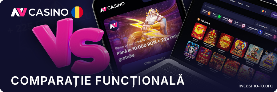 Comparație între aplicația mobilă NV Casino și site-ul web 